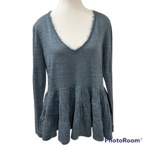 Anthropologie Deletta Thea Teal V-Neck Peplum Tiered Ruffle Long Sleeve Top Sz S